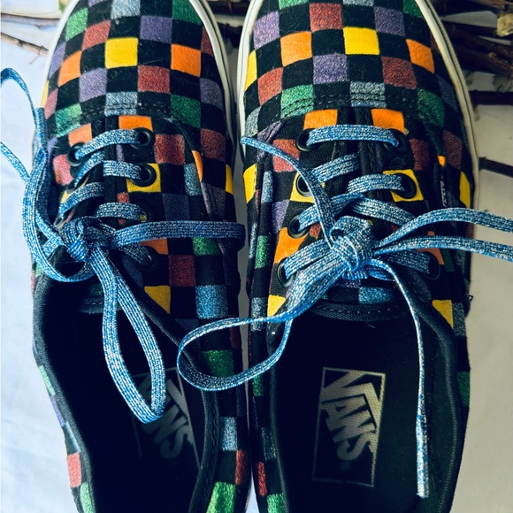 Metallic Checkered Multicolored Vans, women’s size 7.5, with Blue Sparkled Laces - Picture 10 of 13